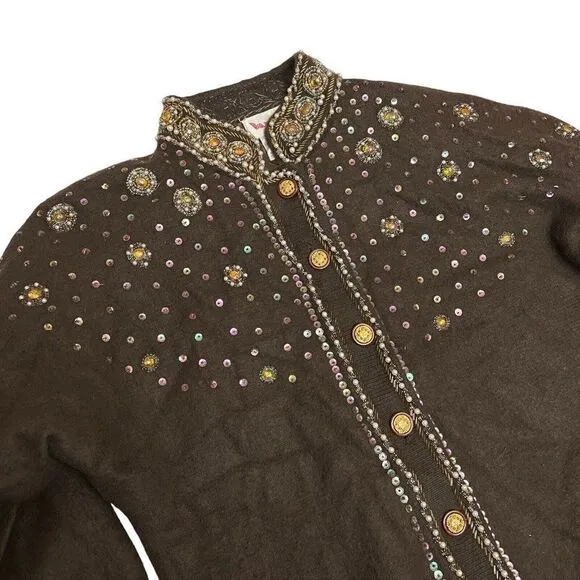 VANGO Angora Cardigan WMNS S Brown Beaded Sequin Pearl Bejeweled Sweater