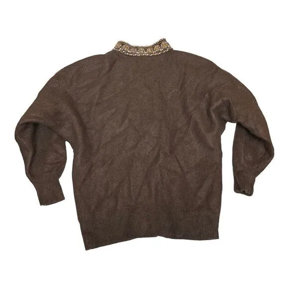 VANGO Angora Cardigan WMNS S Brown Beaded Sequin Pearl Bejeweled Sweater