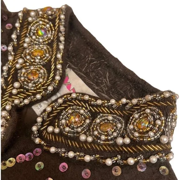 VANGO Angora Cardigan WMNS S Brown Beaded Sequin Pearl Bejeweled Sweater