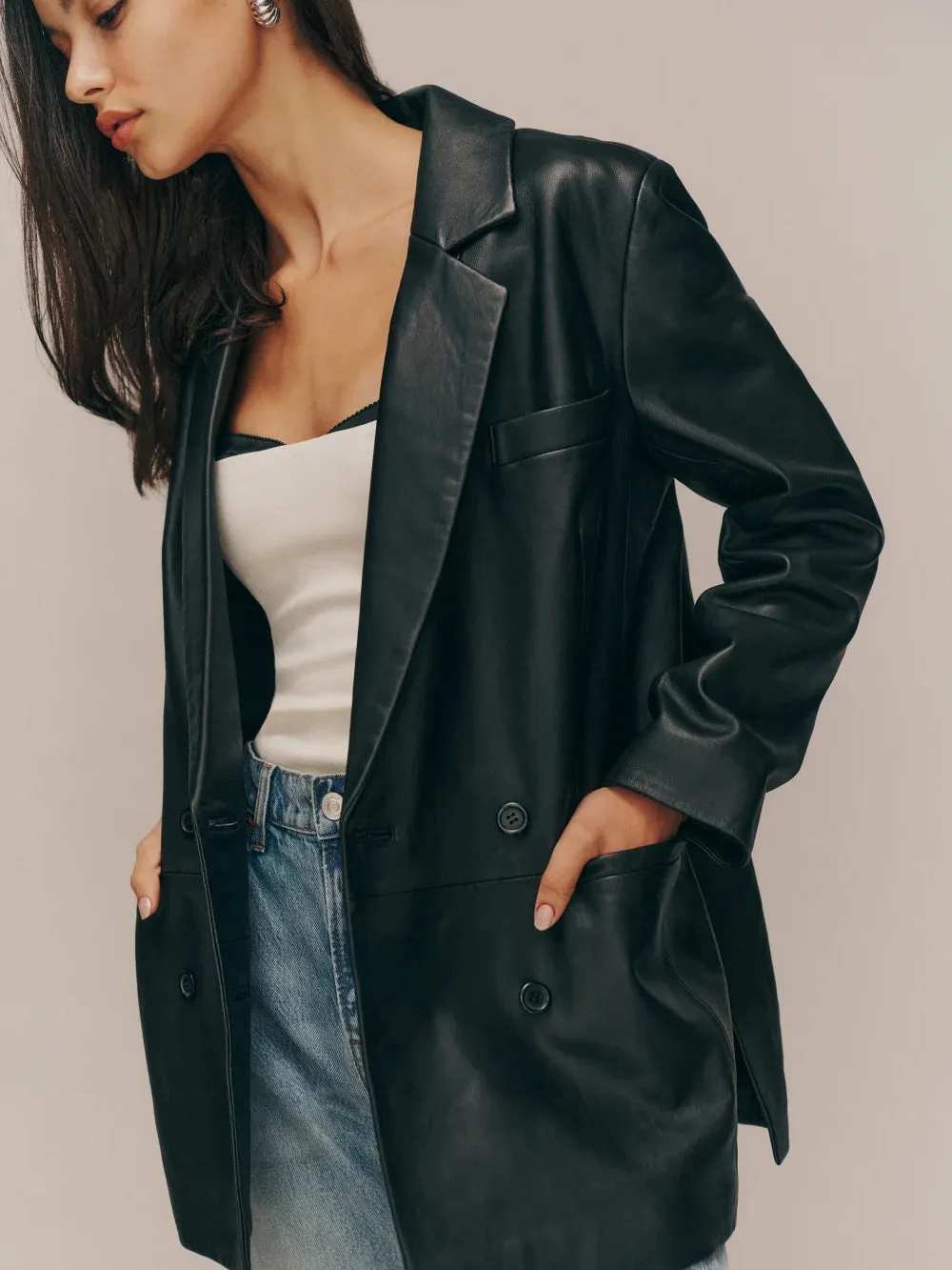 Veda Dalia Relaxed Leather Blazer Black