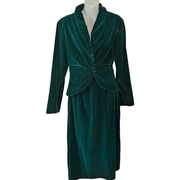 Velvety Green Handmade Matching Blazer and Midi Skirt Set - 4/XS