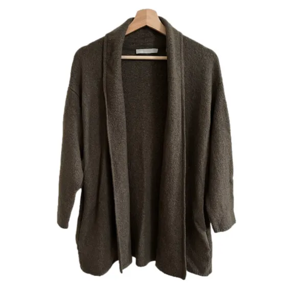 Vince Womens Green Brown Wool Collared Open Front Pocket Cardigan Sweater Size M