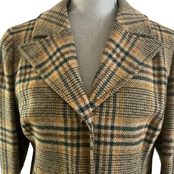 Vintage 1970s Pendleton beige green yellow plaid wool blazer jacket preppy sz L