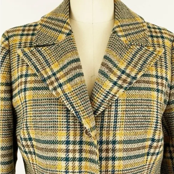 Vintage 1970s Pendleton beige green yellow plaid wool blazer jacket preppy sz L