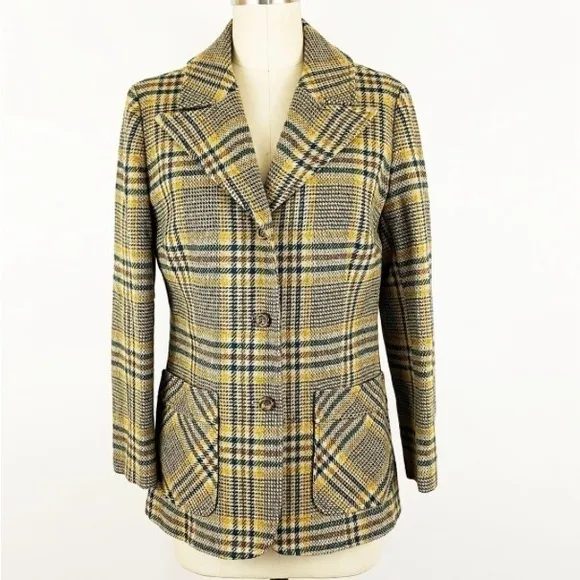 Vintage 1970s Pendleton beige green yellow plaid wool blazer jacket preppy sz L