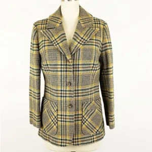 Vintage 1970s Pendleton beige green yellow plaid wool blazer jacket preppy sz L