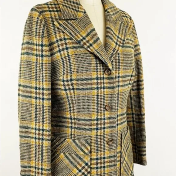 Vintage 1970s Pendleton beige green yellow plaid wool blazer jacket preppy sz L