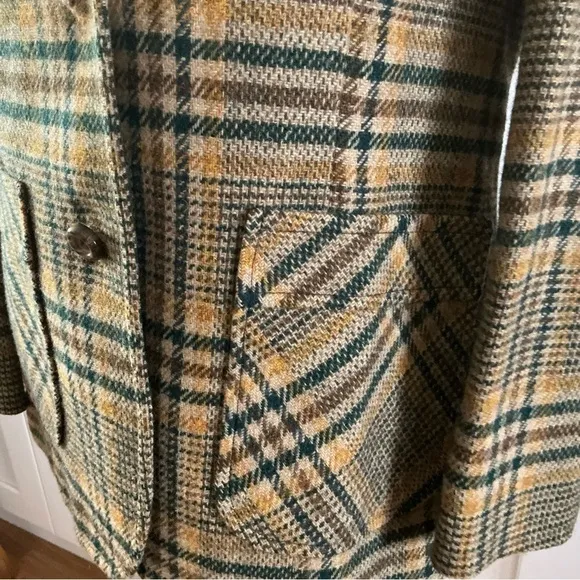Vintage 1970s Pendleton beige green yellow plaid wool blazer jacket preppy sz L