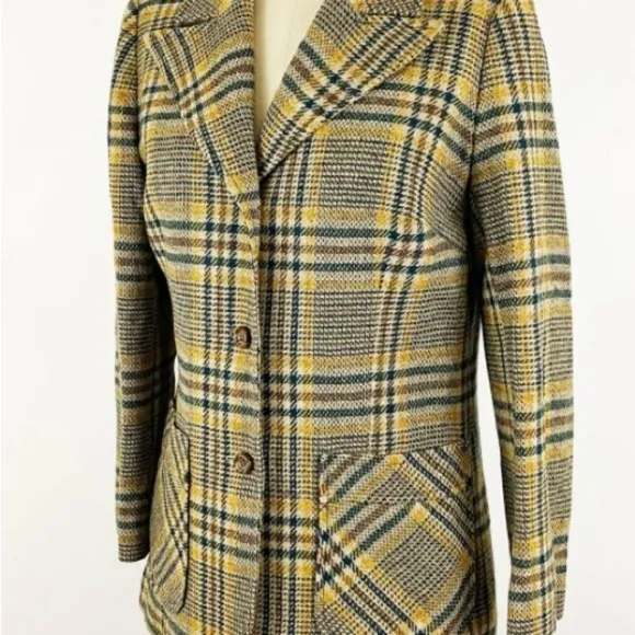 Vintage 1970s Pendleton beige green yellow plaid wool blazer jacket preppy sz L