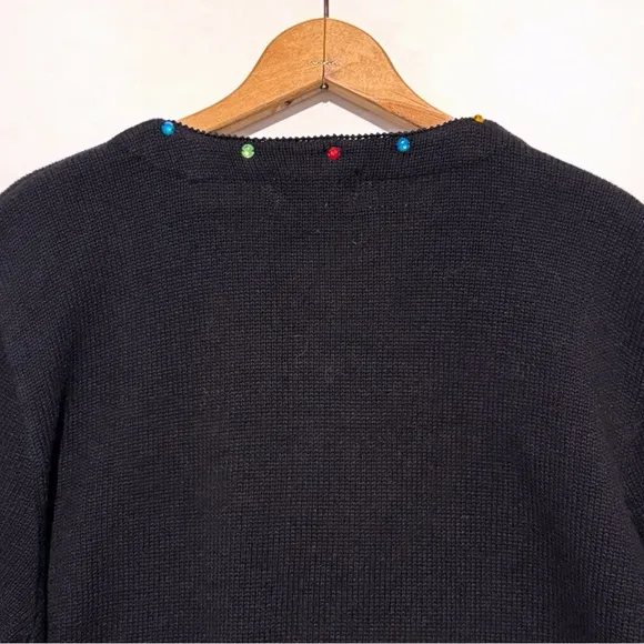 Vintage Berek Christmas Sweater Womens XL Black Christmas Tree Cardigan Beads 3D
