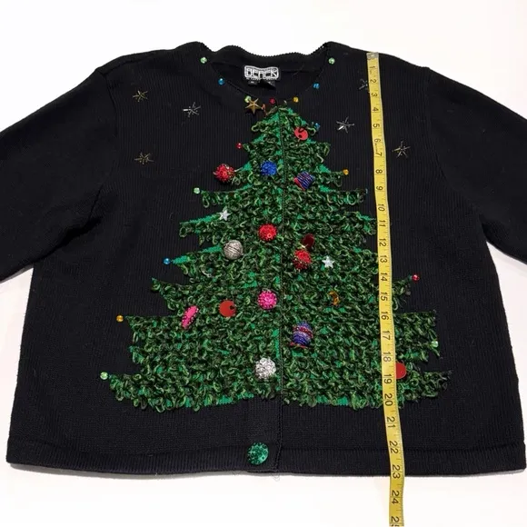 Vintage Berek Christmas Sweater Womens XL Black Christmas Tree Cardigan Beads 3D