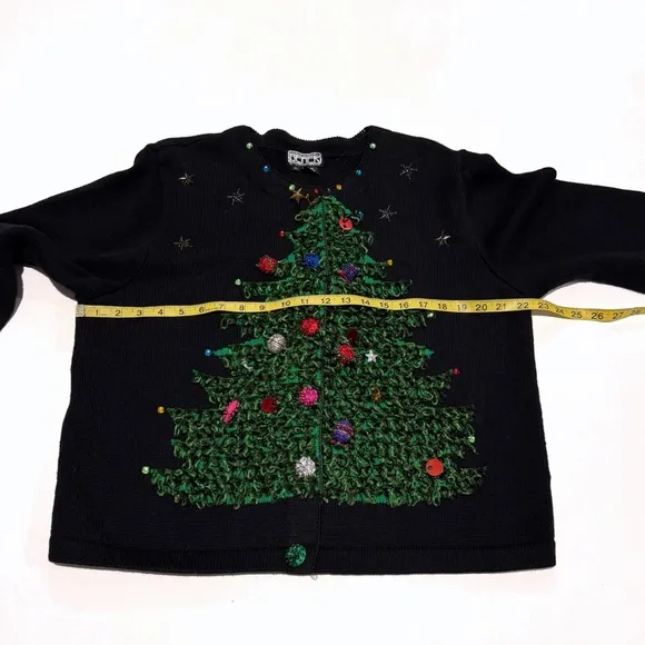 Vintage Berek Christmas Sweater Womens XL Black Christmas Tree Cardigan Beads 3D