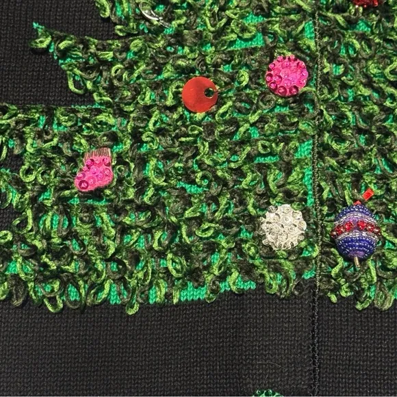 Vintage Berek Christmas Sweater Womens XL Black Christmas Tree Cardigan Beads 3D