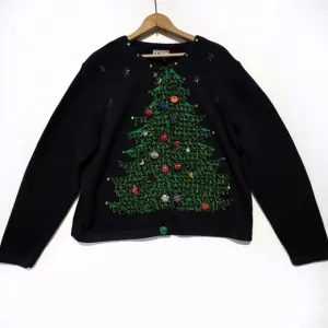 Vintage Berek Christmas Sweater Womens XL Black Christmas Tree Cardigan Beads 3D