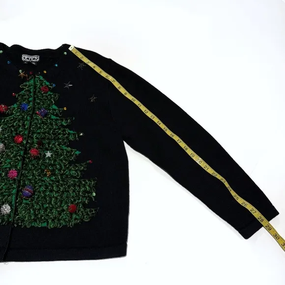 Vintage Berek Christmas Sweater Womens XL Black Christmas Tree Cardigan Beads 3D