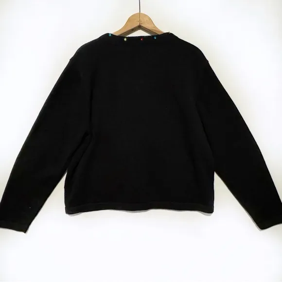 Vintage Berek Christmas Sweater Womens XL Black Christmas Tree Cardigan Beads 3D