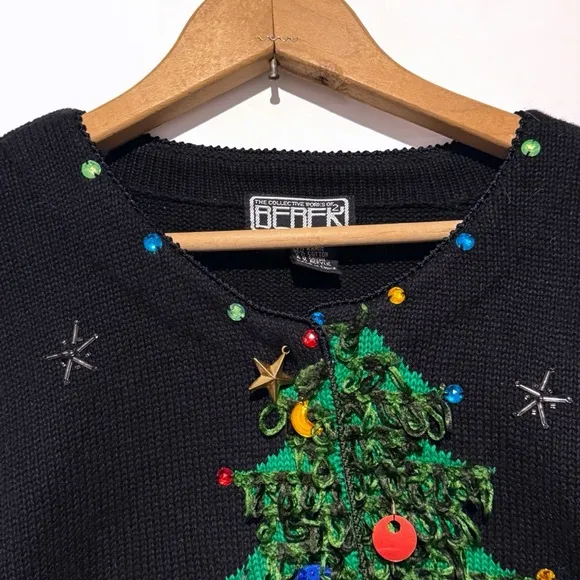 Vintage Berek Christmas Sweater Womens XL Black Christmas Tree Cardigan Beads 3D