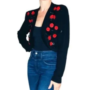 Vintage Forenza Black Cardigan Sweater with Red Roses and beads Size Large
