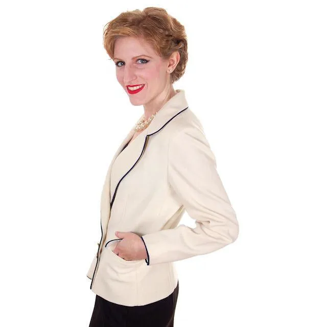 Vintage Lilli Ann Jacket Blazer Ladies Cream w/ Navy Trim Horse Buttons  Small
