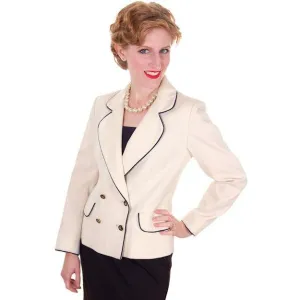 Vintage Lilli Ann Jacket Blazer Ladies Cream w/ Navy Trim Horse Buttons  Small