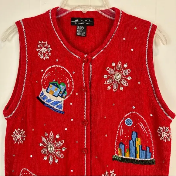 Vintage Not So Ugly Red Holiday Christmas Snow Globe Vest Size M