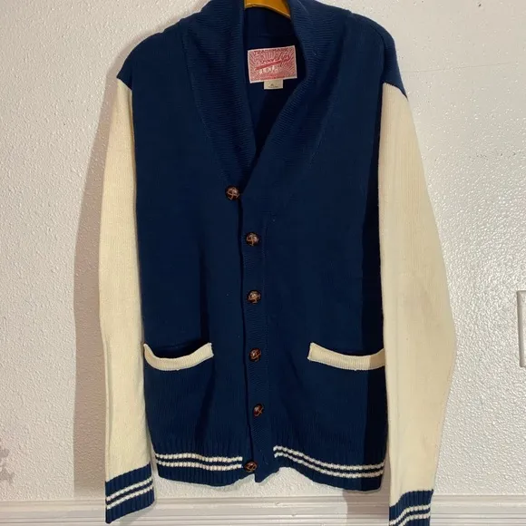 Vtg Academia Sweater XL  BrooklynNavy and white Brooklyn wool cardigan #cardigan