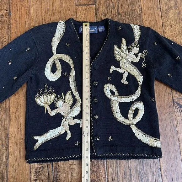 Vtg BELLE‎ POINTE Sweater Angels Christmas Cardigan Sequin Black Gold Sz Small
