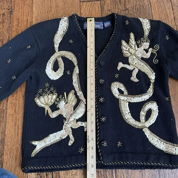 Vtg BELLE‎ POINTE Sweater Angels Christmas Cardigan Sequin Black Gold Sz Small