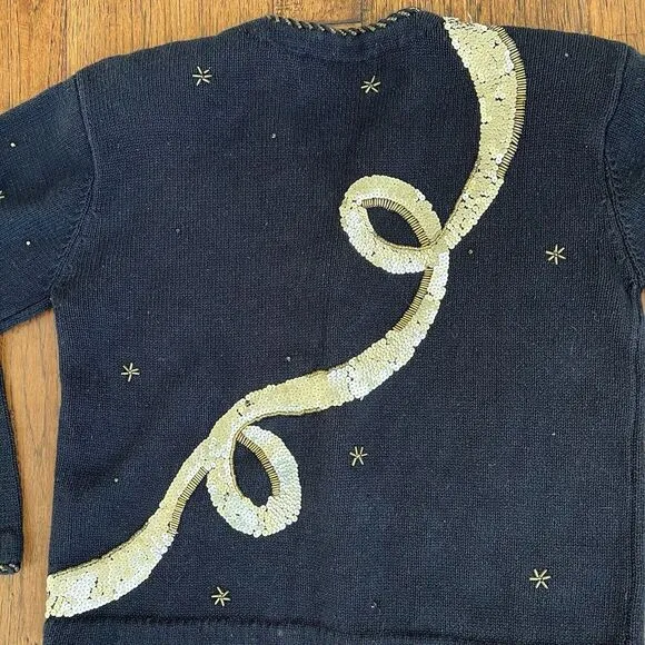Vtg BELLE‎ POINTE Sweater Angels Christmas Cardigan Sequin Black Gold Sz Small