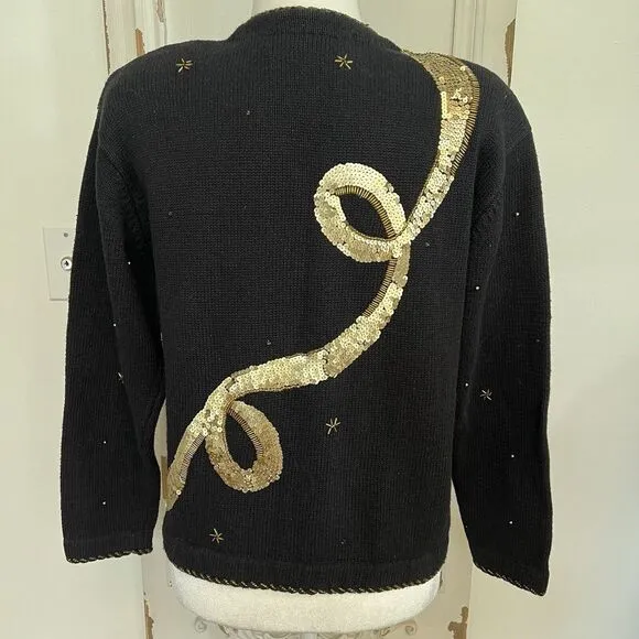 Vtg BELLE‎ POINTE Sweater Angels Christmas Cardigan Sequin Black Gold Sz Small