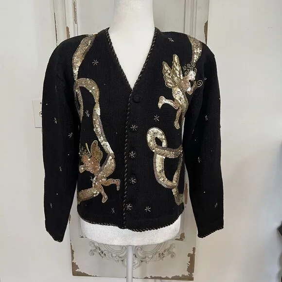 Vtg BELLE‎ POINTE Sweater Angels Christmas Cardigan Sequin Black Gold Sz Small