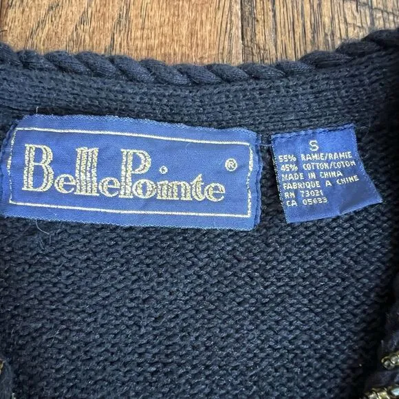 Vtg BELLE‎ POINTE Sweater Angels Christmas Cardigan Sequin Black Gold Sz Small