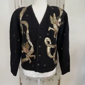 Vtg BELLE‎ POINTE Sweater Angels Christmas Cardigan Sequin Black Gold Sz Small