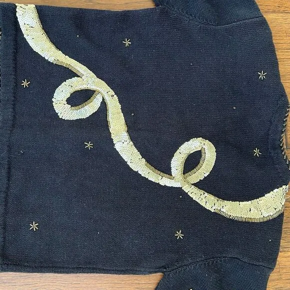 Vtg BELLE‎ POINTE Sweater Angels Christmas Cardigan Sequin Black Gold Sz Small