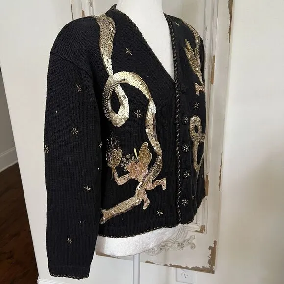 Vtg BELLE‎ POINTE Sweater Angels Christmas Cardigan Sequin Black Gold Sz Small