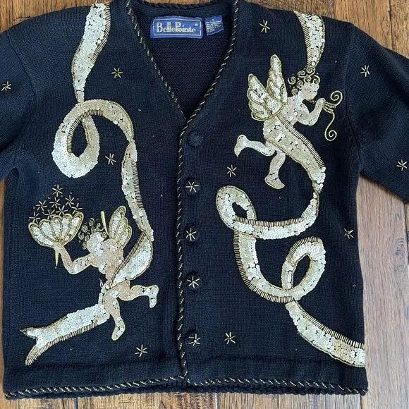 Vtg BELLE‎ POINTE Sweater Angels Christmas Cardigan Sequin Black Gold Sz Small