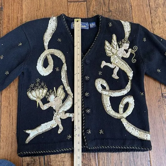 Vtg BELLE‎ POINTE Sweater Angels Christmas Cardigan Sequin Black Gold Sz Small
