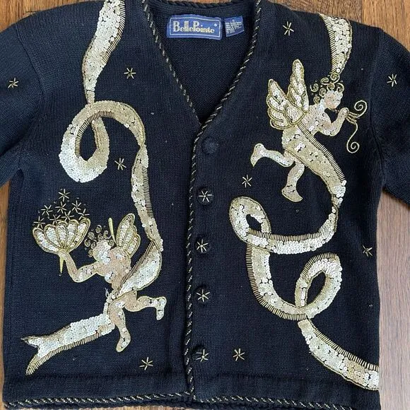 Vtg BELLE‎ POINTE Sweater Angels Christmas Cardigan Sequin Black Gold Sz Small