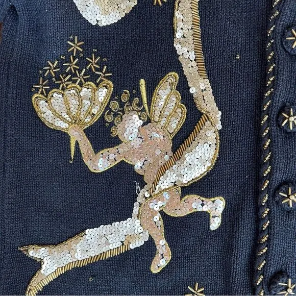 Vtg BELLE‎ POINTE Sweater Angels Christmas Cardigan Sequin Black Gold Sz Small