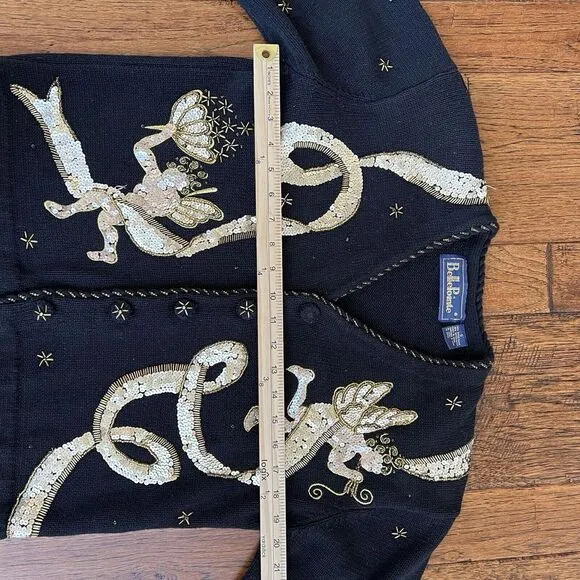 Vtg BELLE‎ POINTE Sweater Angels Christmas Cardigan Sequin Black Gold Sz Small