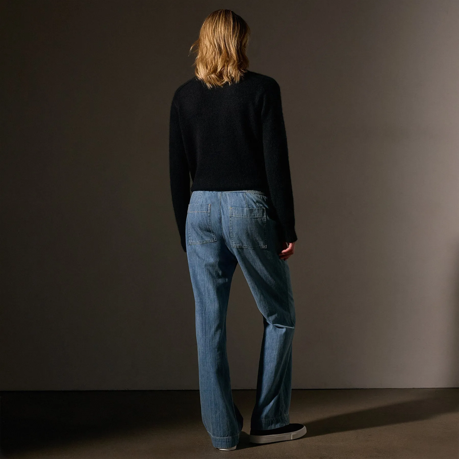 Wide Leg Pull On Denim Pant - Mid Bleach Wash