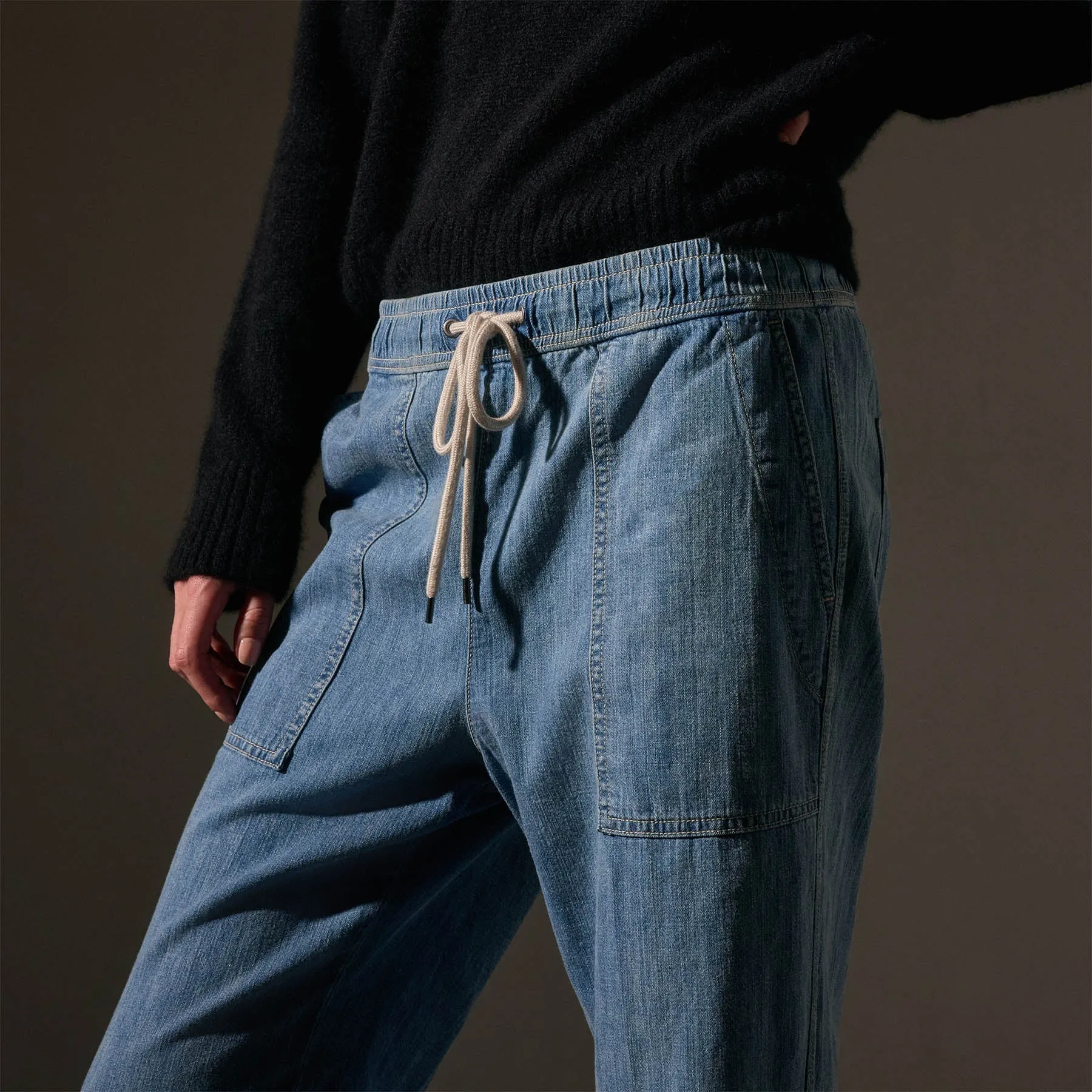 Wide Leg Pull On Denim Pant - Mid Bleach Wash