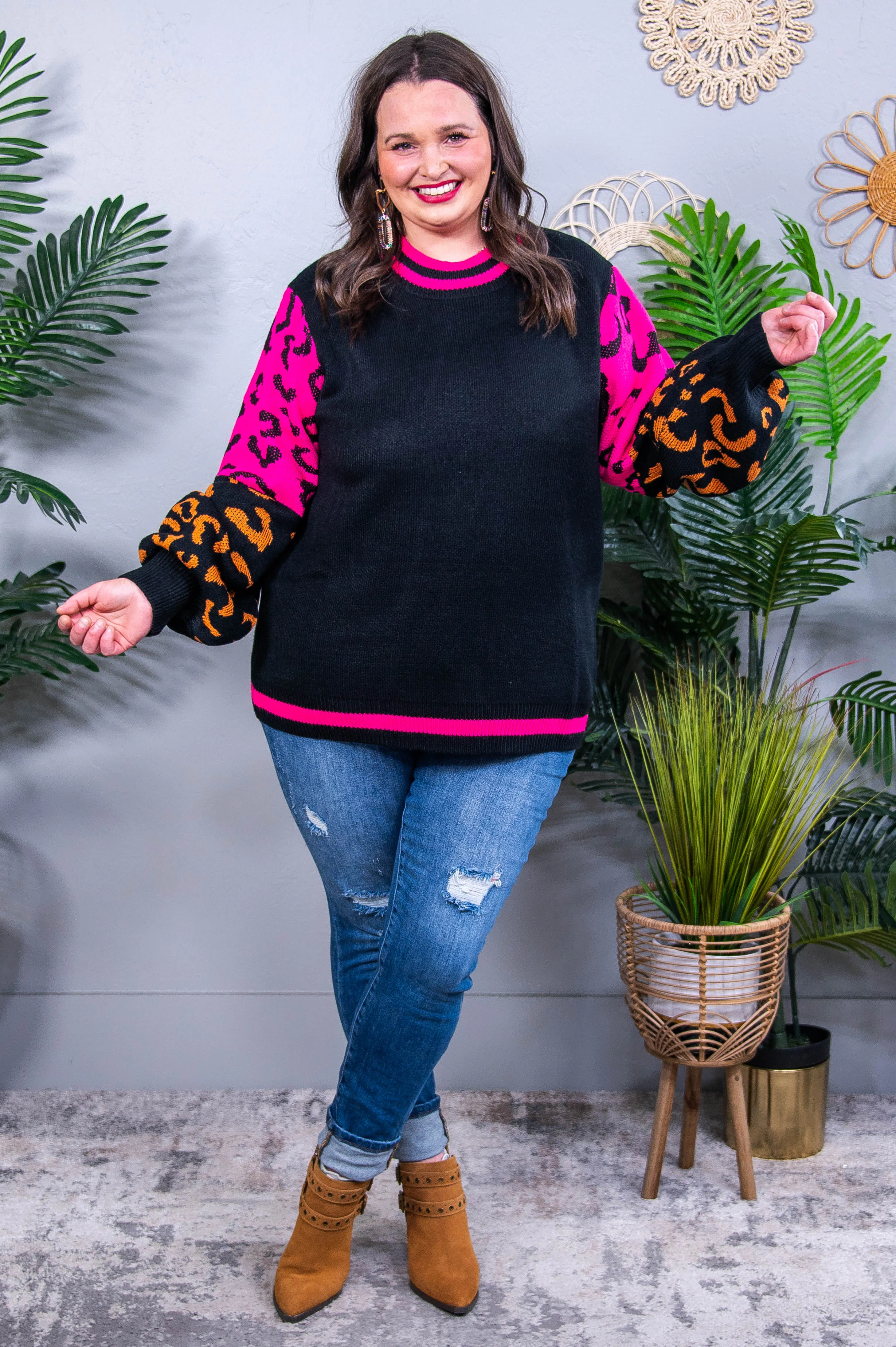 Wild About You Black/Hot Pink Printed Sweater - T10874BK
