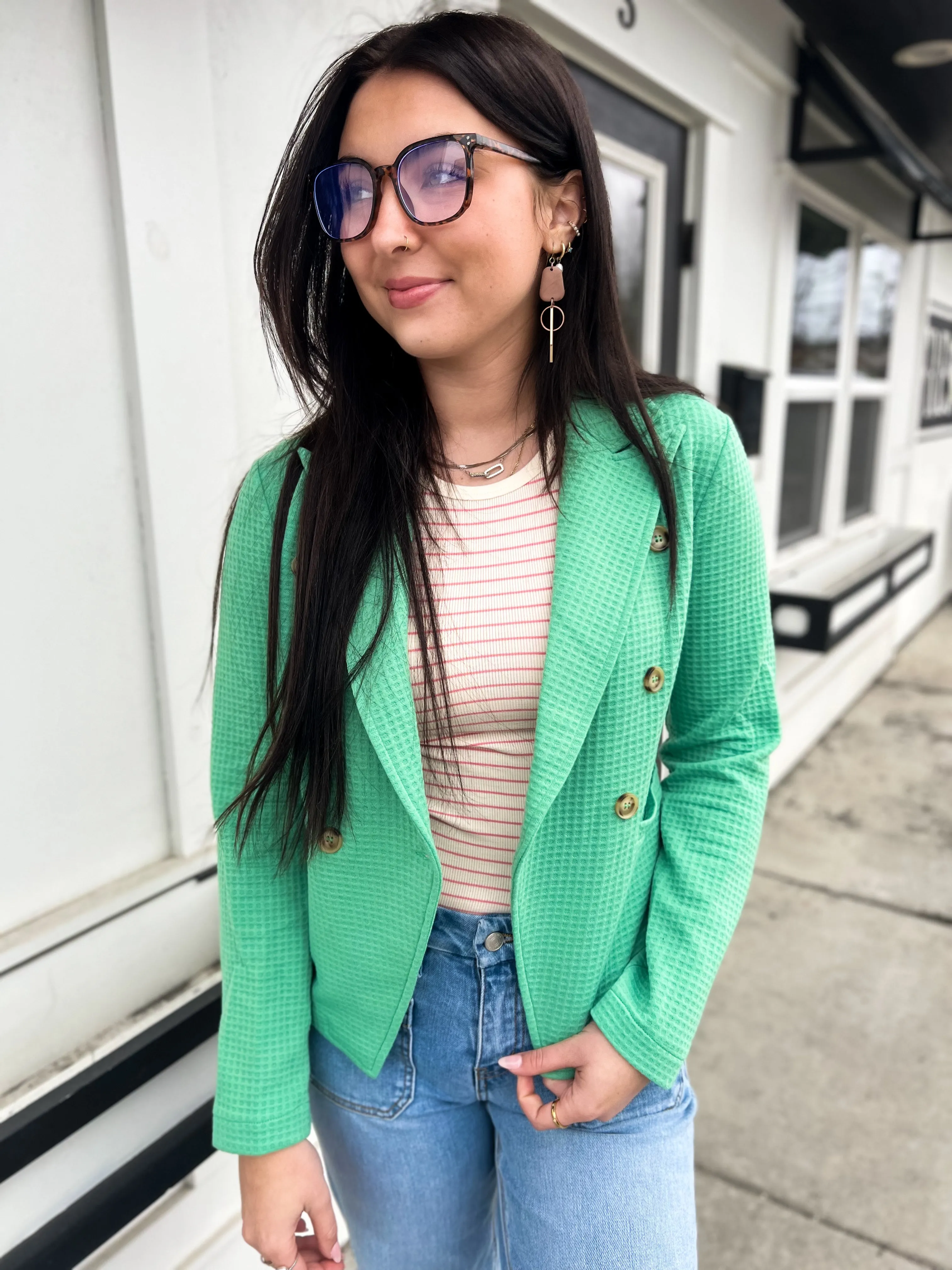 Winnie Waffle Knit Textured Blazer- Green