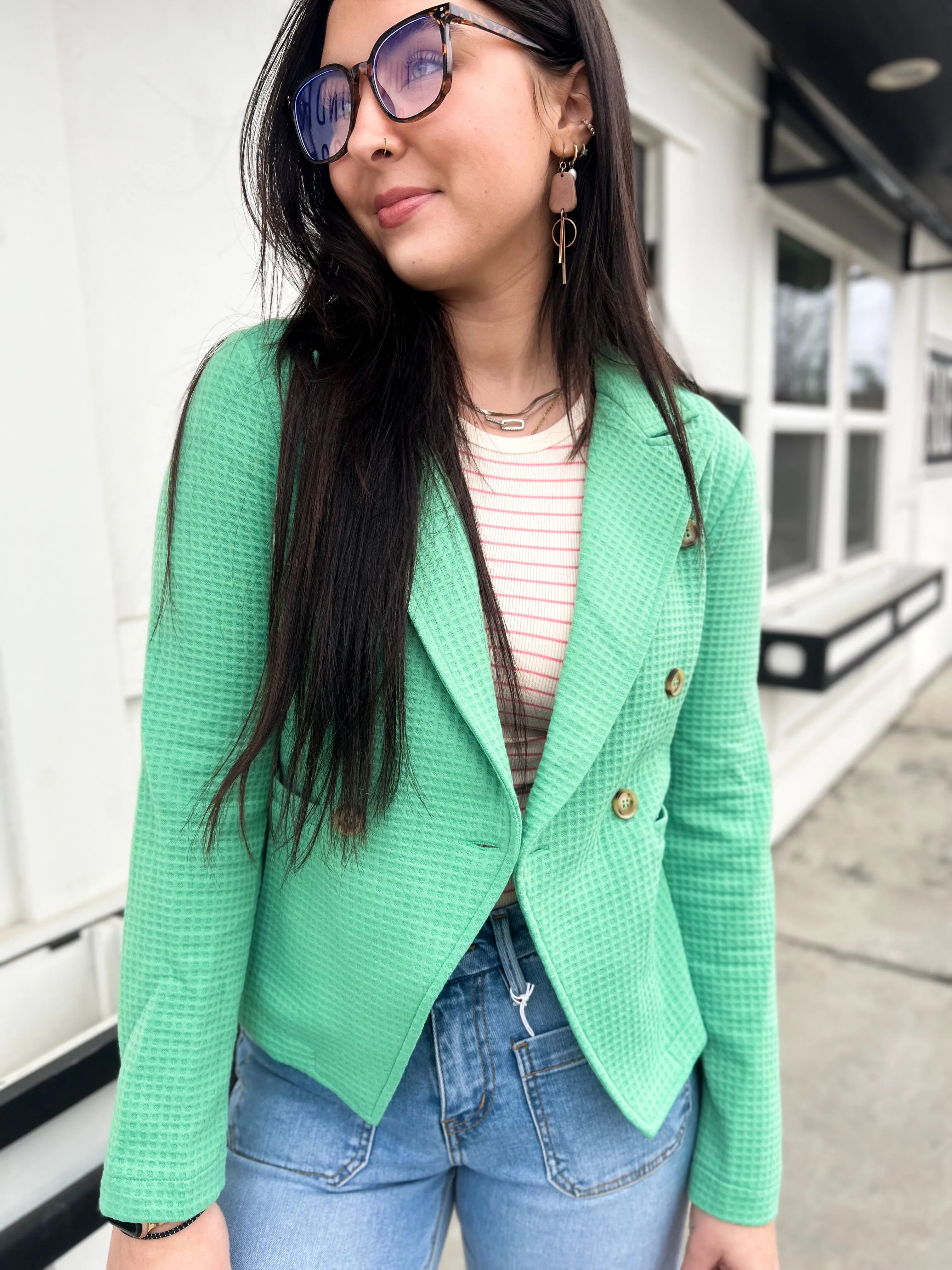 Winnie Waffle Knit Textured Blazer- Green