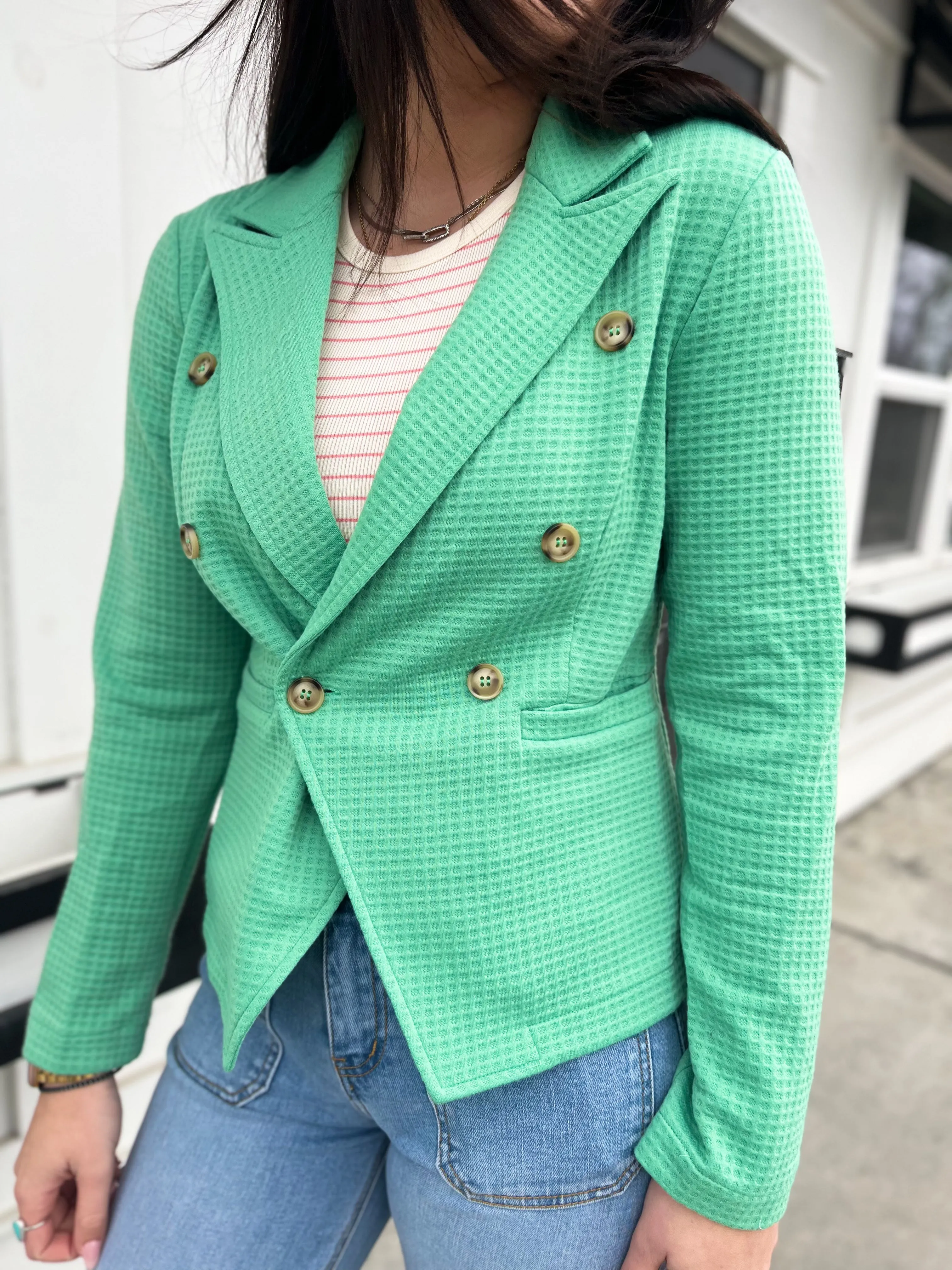 Winnie Waffle Knit Textured Blazer- Green