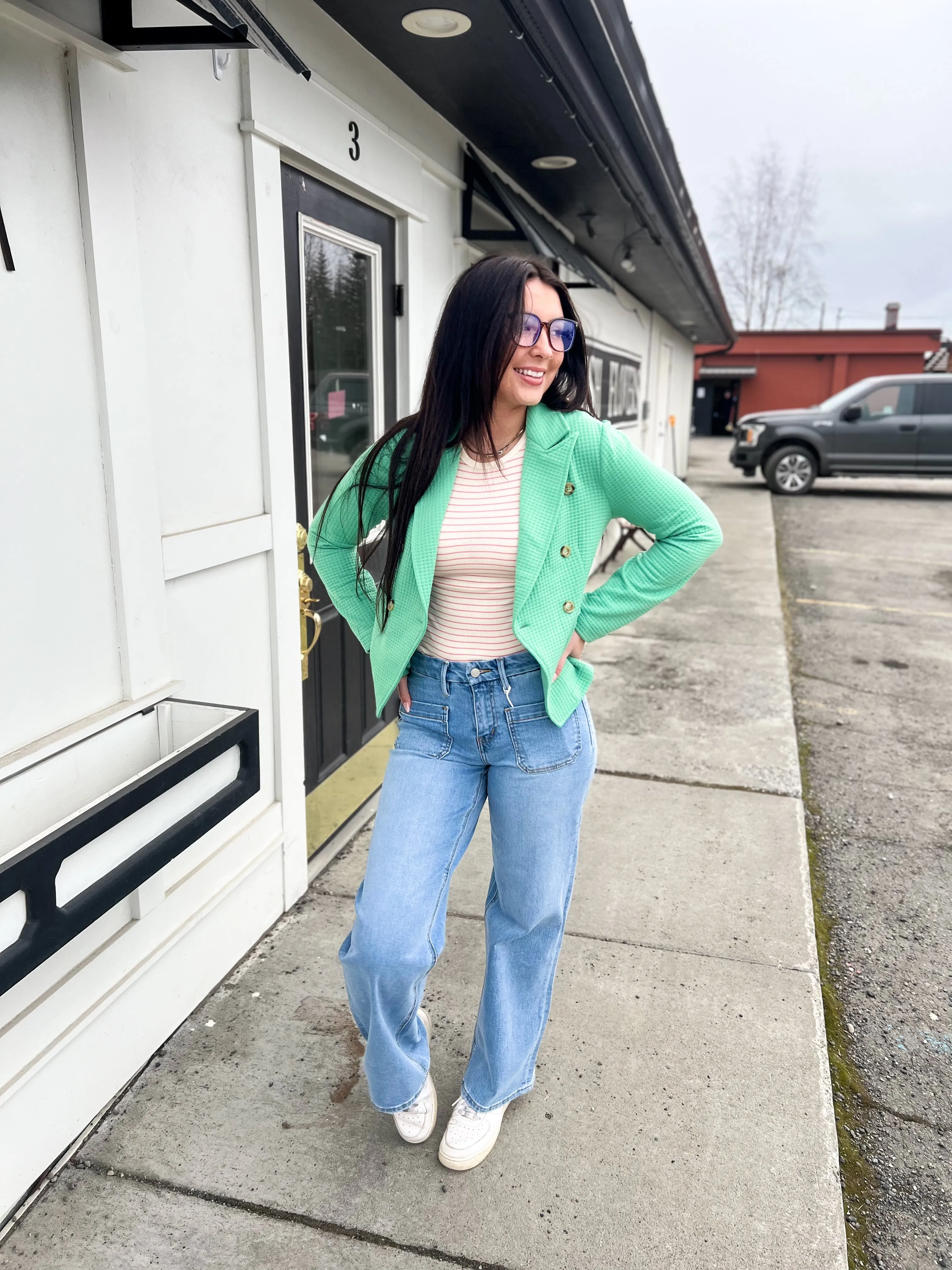 Winnie Waffle Knit Textured Blazer- Green