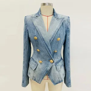 Women's Boutique Fashion Jean Jacket Slim Fit Double Breasted Gold Lion Buttons Denim Blazer