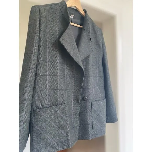 Women's Classic Vintage Woolmark Made in France Plaid Wool Blazer sz 42 6 Green