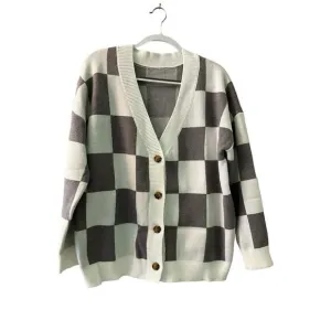 Women's L Cardigan Sweater White/Gray Checkered Dropped Shoulder Button-Detail